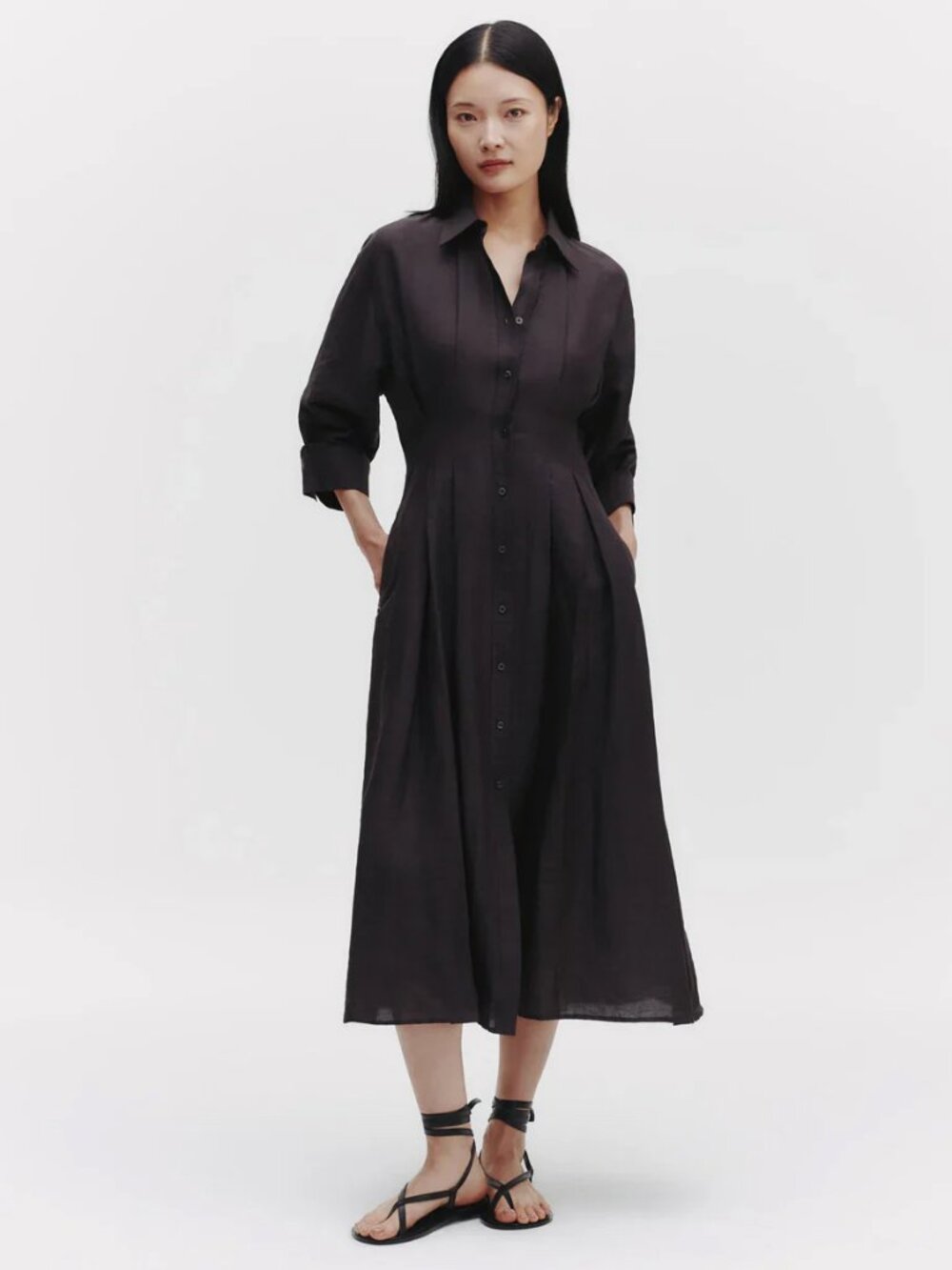 TWP M Dress Delave Linen Chocolate Brown Midi Pleated Shirt Dress A-Line Size 2